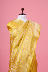 Banarasi Mustard Yellow Bird Motif Handloom Satin Silk Saree