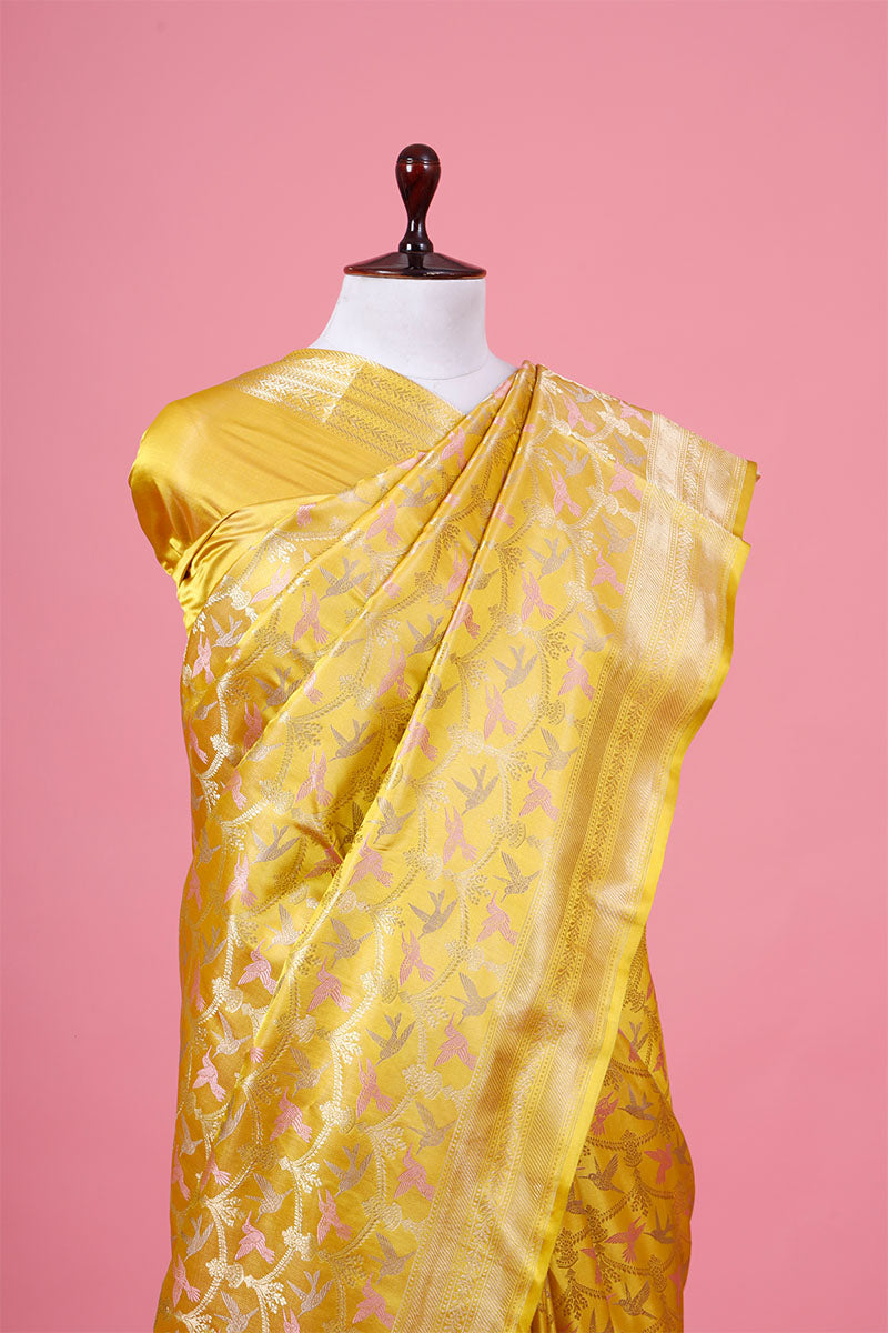 Banarasi Mustard Yellow Bird Motif Handloom Satin Silk Saree