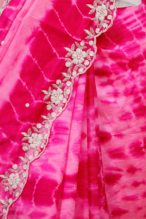 Rani Pink Tie & Dye Embellished Silk  Saree