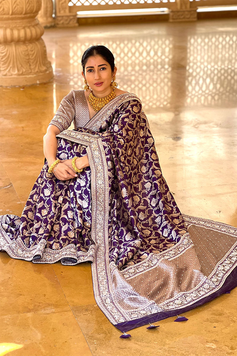 Purple Banarasi Saree, Bollywood Saree, Celebrity Saree, Wedding Purple Saree