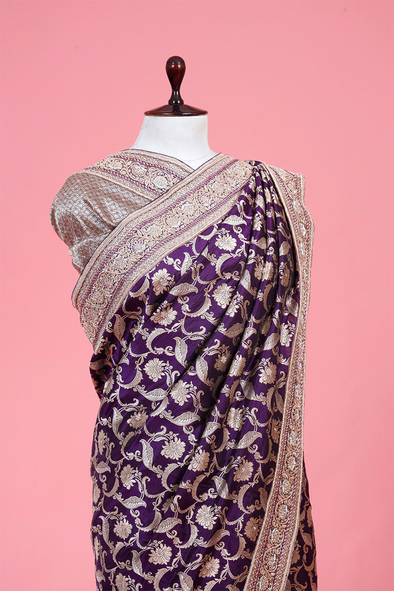 Deep Purple Embellished Pure Banarasi Silk Saree