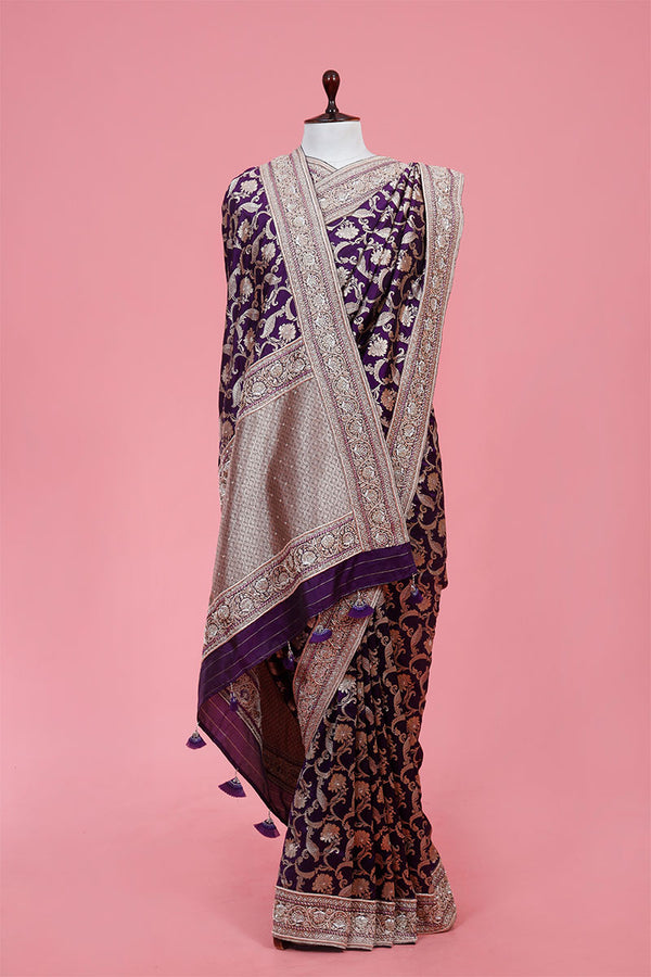 Deep Purple Embellished Pure Banarasi Silk Saree