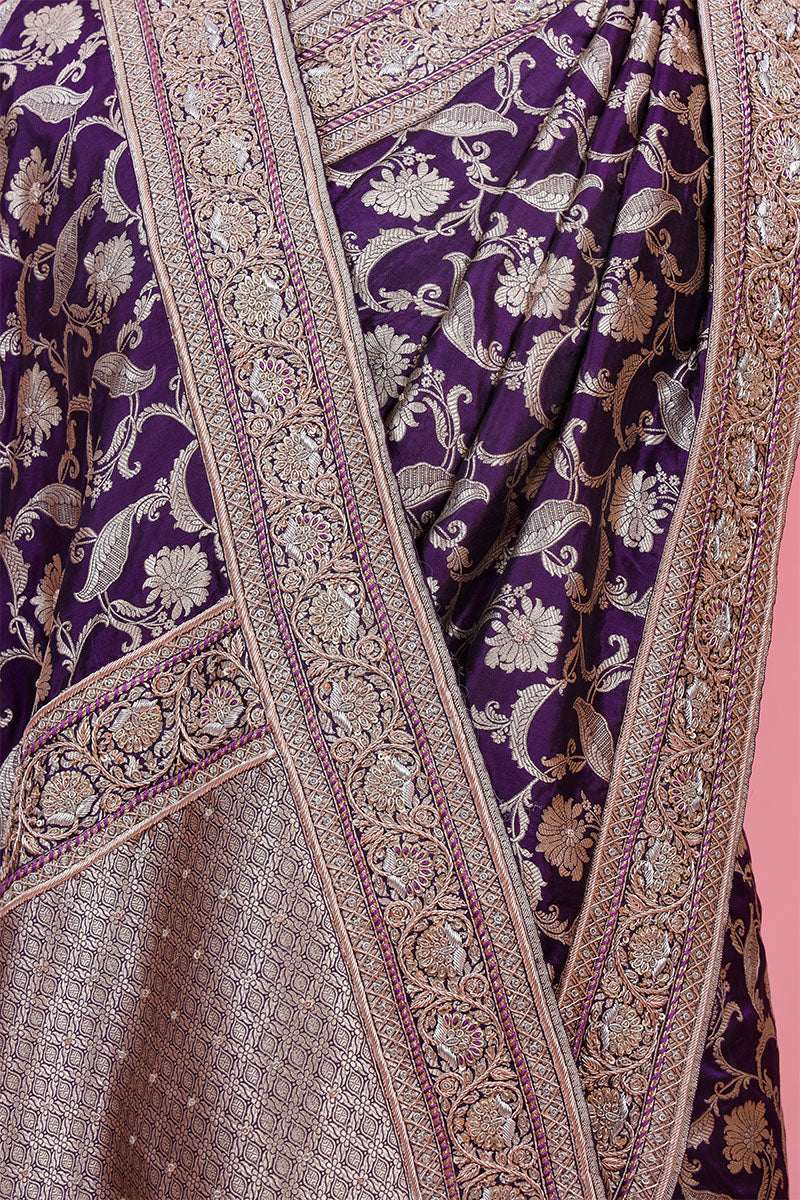 Deep Purple Embellished Pure Banarasi Silk Saree