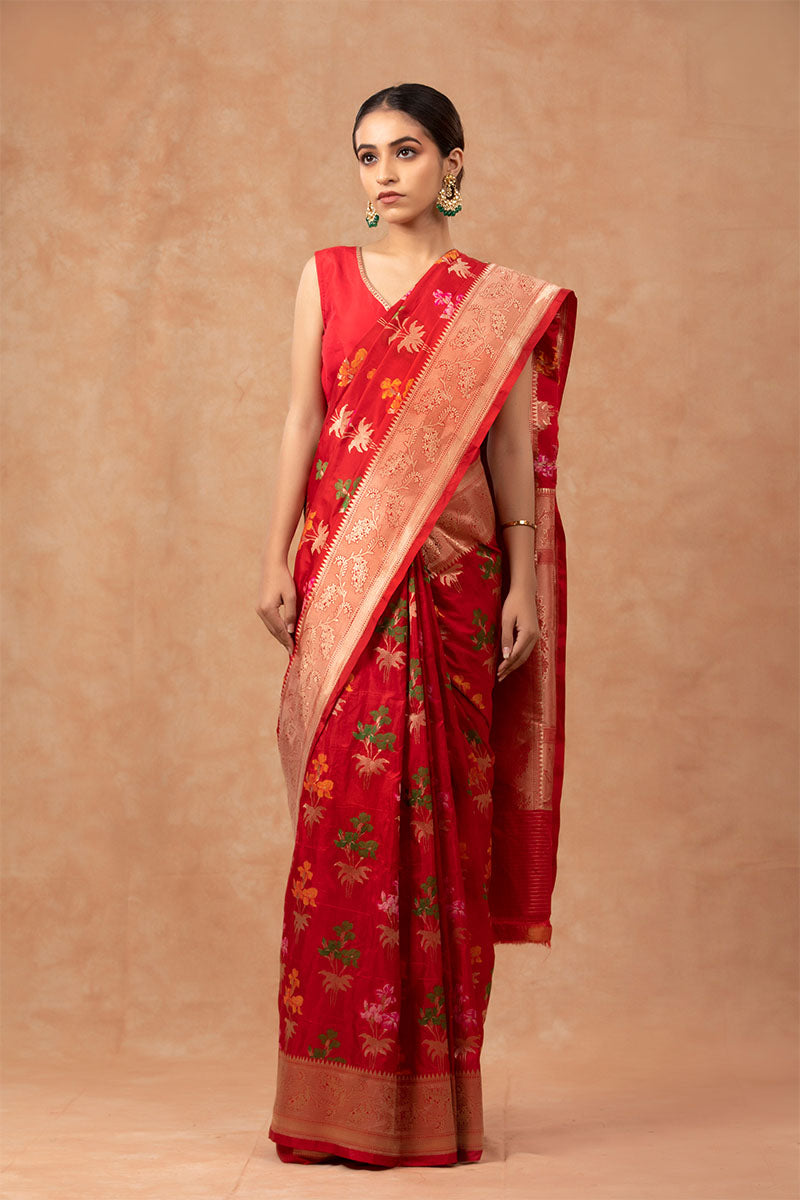 red Banarasi Saree, Banarasi silk 
saree, Red saree, Navratri saree, diwali saree