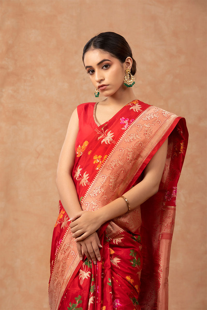 Meenakari Red Handloom Banarasi Saree