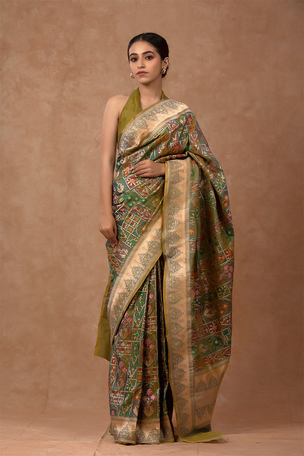 Banarasi Silk Saree, Banarasi saree,bluish green meenakari silk saree,katan silk saree