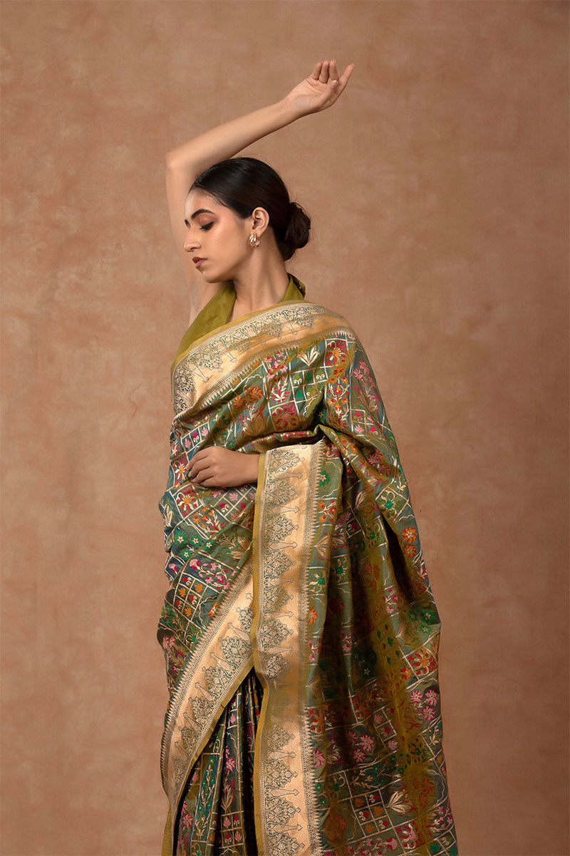 Green Katan Silk Banarasi Saree with Meenakari and Gold Zari work