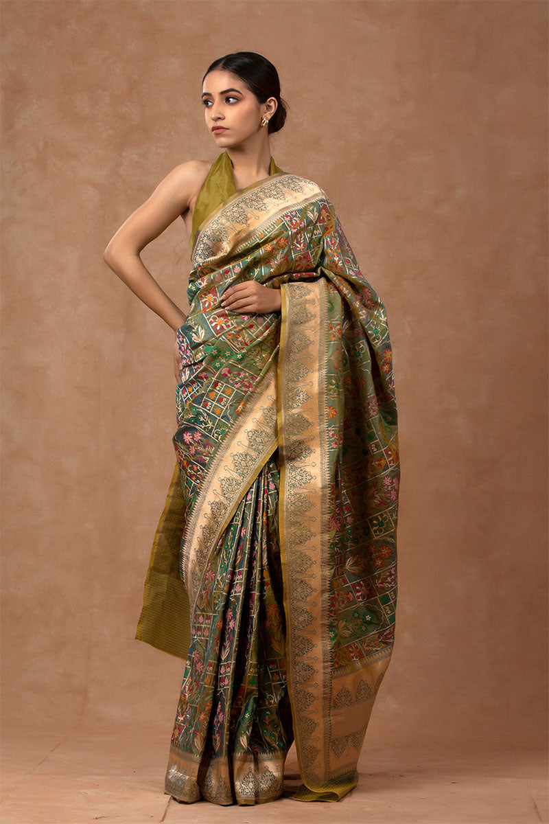 Green Katan Silk Banarasi Saree with Meenakari and Gold Zari work