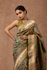 Green Katan Silk Banarasi Saree with Meenakari and Gold Zari work