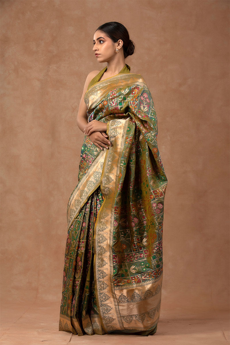 Green Katan Silk Banarasi Saree with Meenakari and Gold Zari work