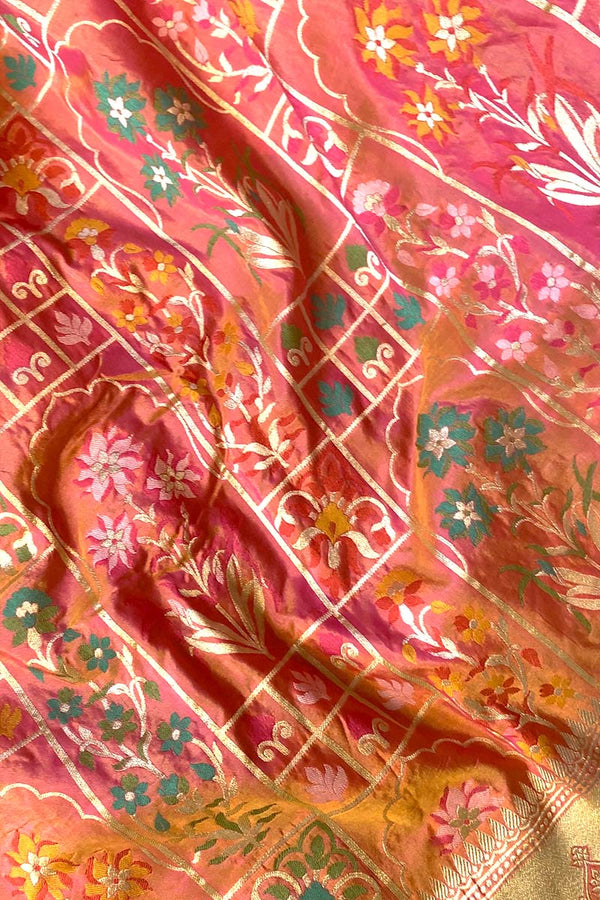 saree closeup, Banarasi Silk Saree, Banarasi saree, peach color saree, orange saree, orange banarasi saree, floral banarasi saree, banarasi saree design