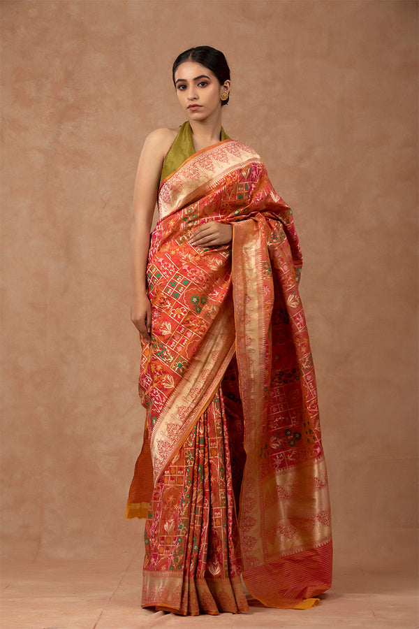 Banarasi Silk Saree, Banarasi saree, silk saree, peach color saree, orange saree, orange banarasi saree, floral banarasi saree, banarasi saree design