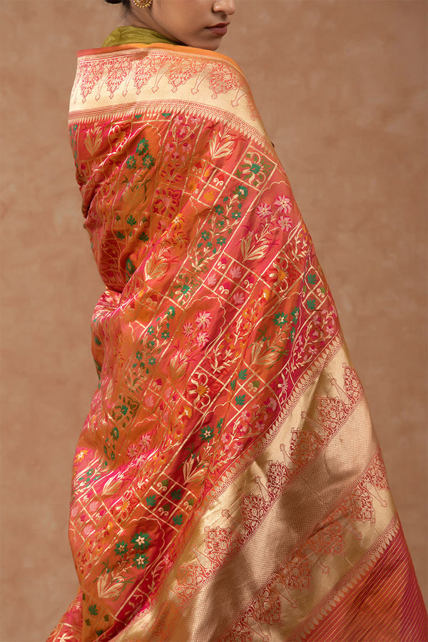 Golden Peach Meenakari Handloom Katan Silk Saree