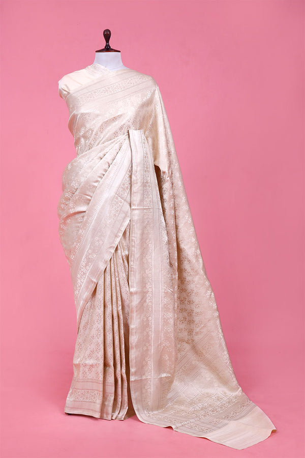 Banarasi Silk Saree, Banarasi saree, silk saree, off-white saree, white saree, wedding saree, party wear saree, white saree