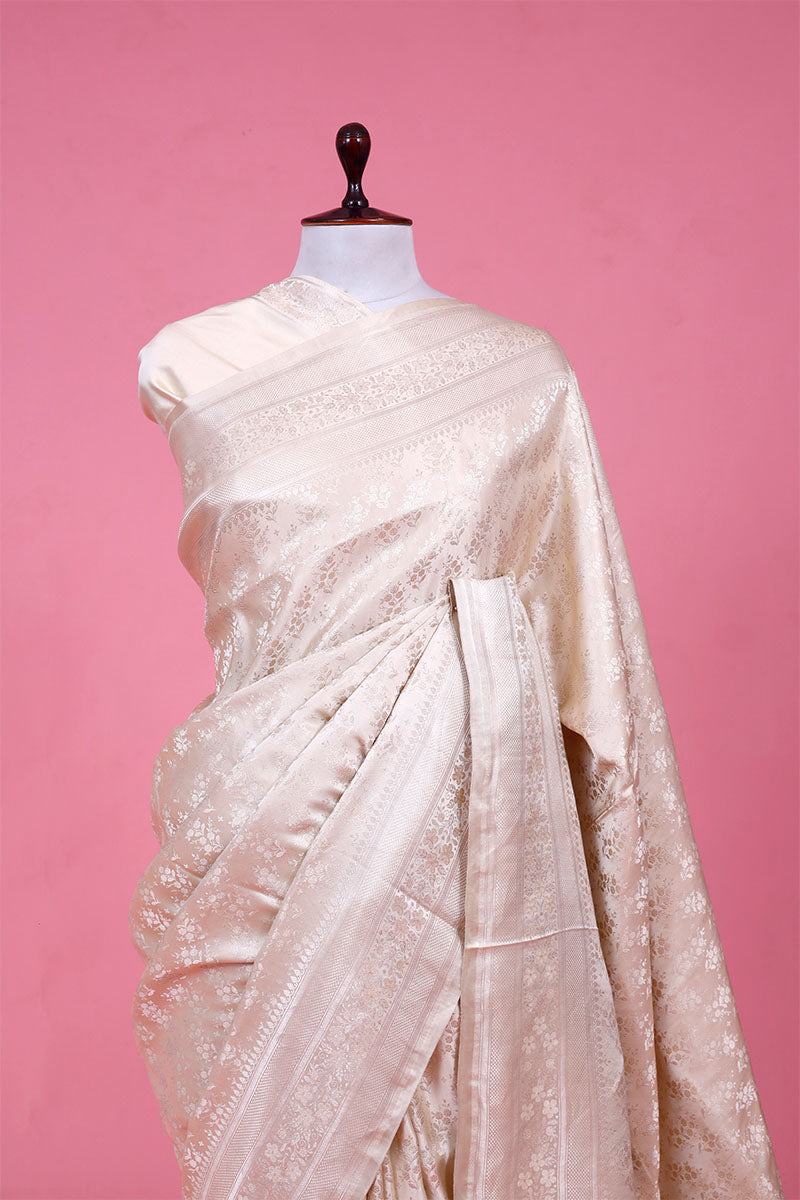 Off-White Satin Saree with Water-Gold Zari