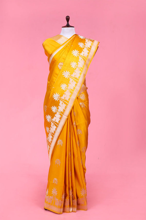 Banarasi Satin Silk Saree, Banarasi Silk Saree, Banarasi saree, silk saree, yellow saree, festive wear saree, wedding wear saree, orange saree