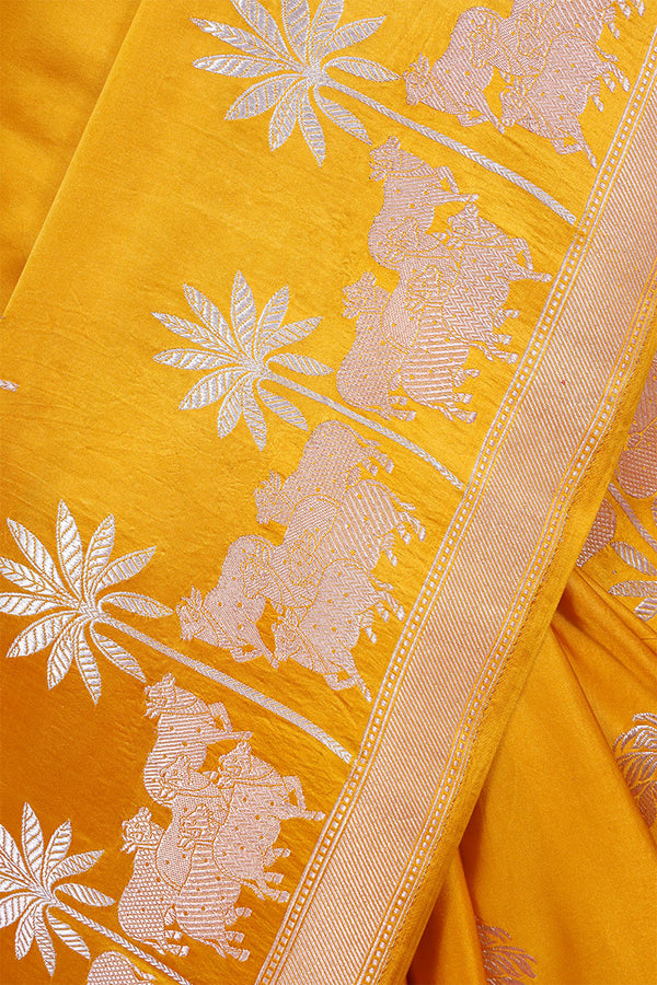 Yellow Handloom Satin Saree with Pichwai Motifs