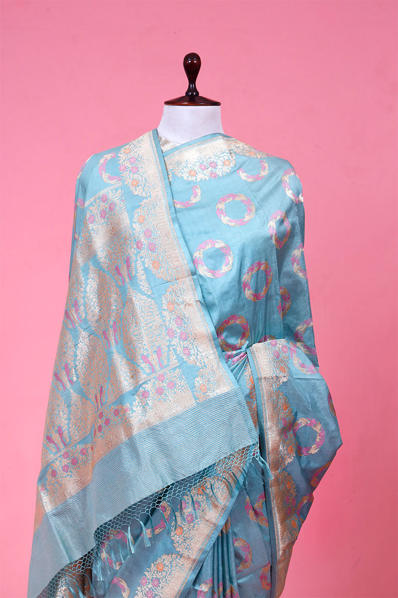 Powder Blue Katan Silk Saree with Meenakari Bird Motifs