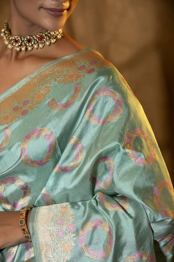 Powder Blue Katan Silk Saree with Meenakari Bird Motifs