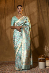 Powder Blue Katan Silk Saree with Meenakari Bird Motifs