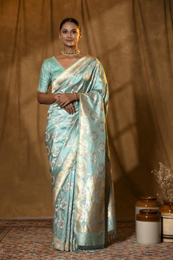 Banarasi Silk Saree, Banarasi saree, silk saree,powder blue saree with meenakari birds motifs , wedding saree, party wear saree​