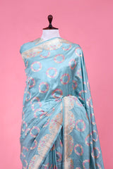 Powder Blue Katan Silk Saree with Meenakari Bird Motifs