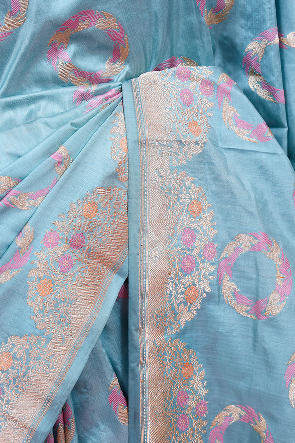 Powder Blue Katan Silk Saree with Meenakari Bird Motifs