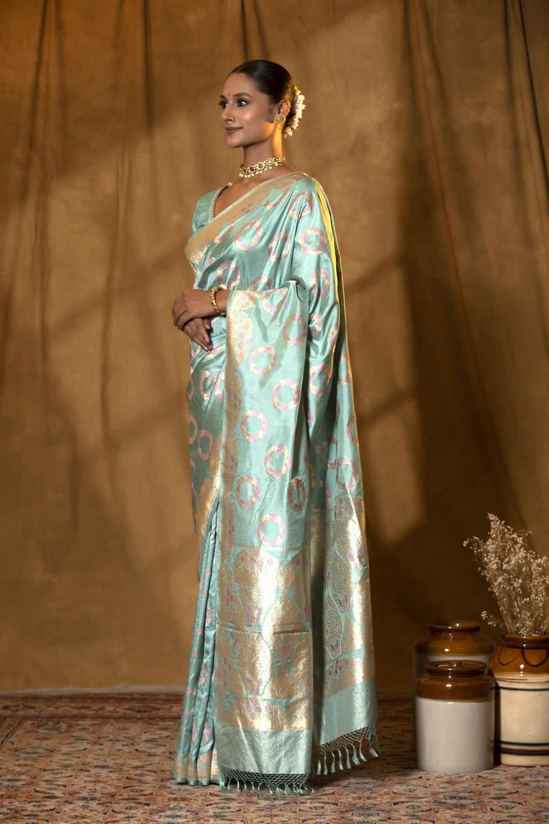 Powder Blue Katan Silk Saree with Meenakari Bird Motifs