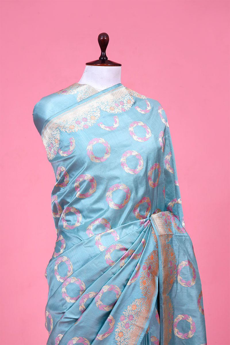 Powder Blue Katan Silk Saree with Meenakari Bird Motifs