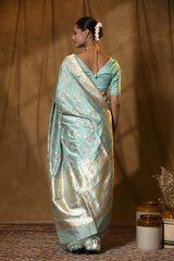 Powder Blue Katan Silk Saree with Meenakari Bird Motifs