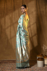 Powder Blue Katan Silk Saree with Meenakari Bird Motifs