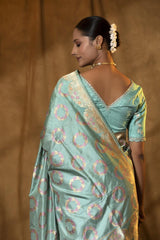 Powder Blue Katan Silk Saree with Meenakari Bird Motifs