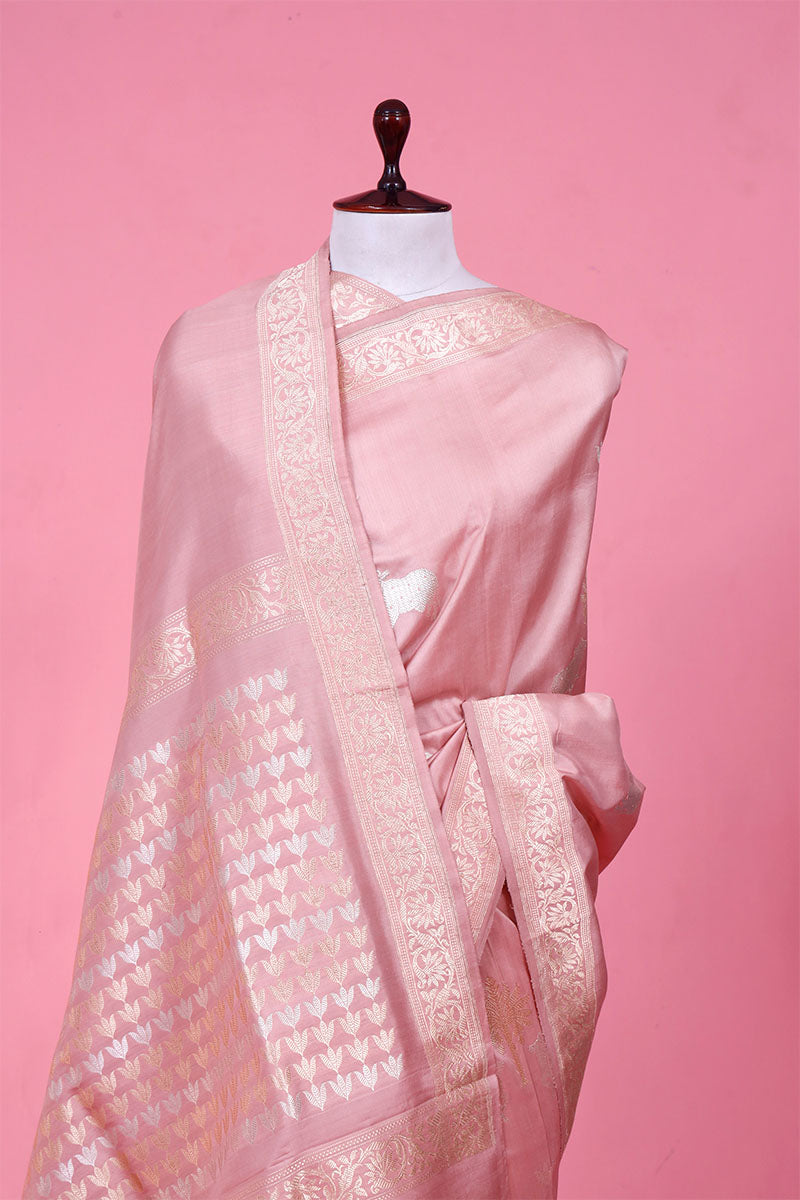 Blush Pink Satin Saree with Gold & Silver Zari Pichwai Motifs