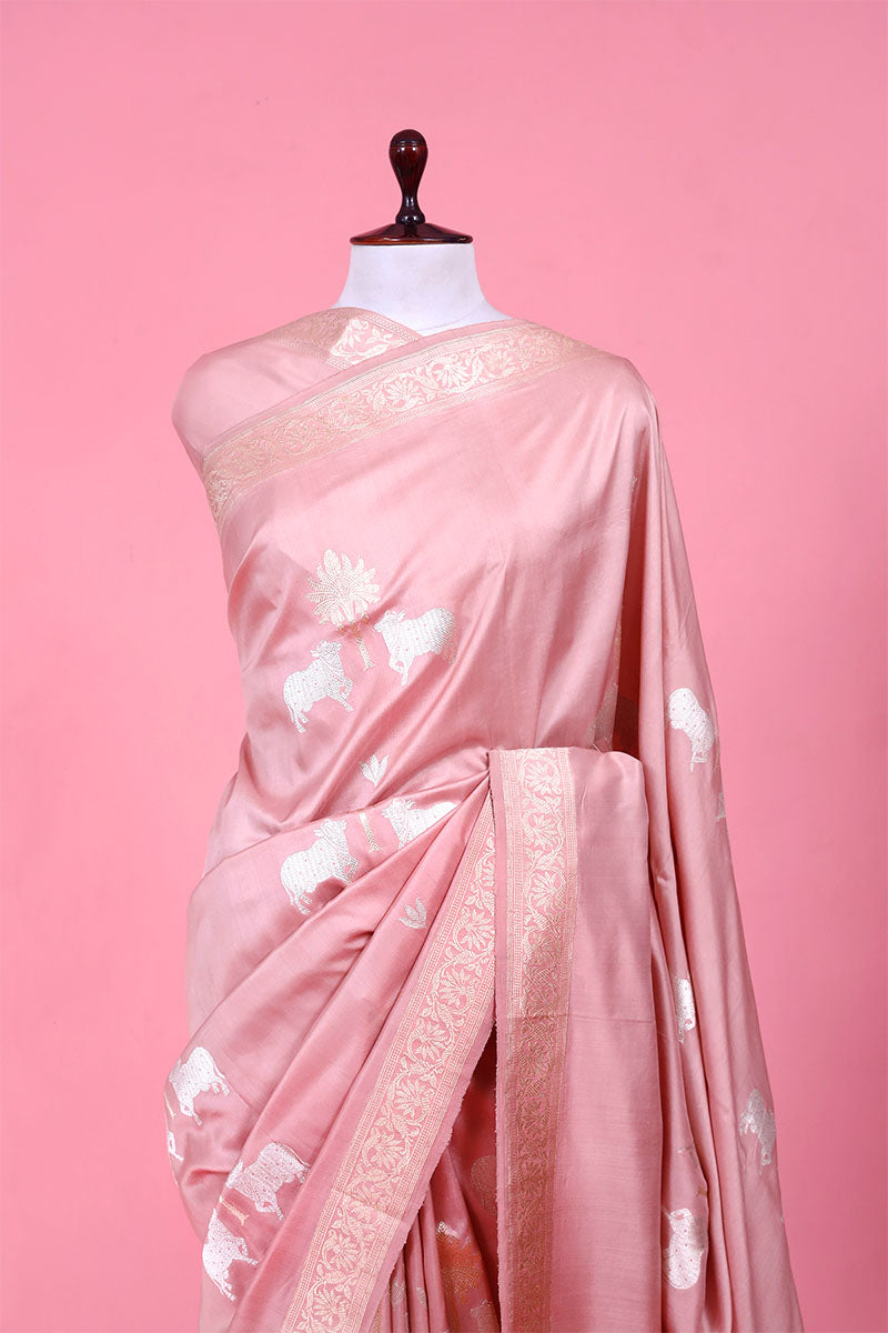 Blush Pink Satin Saree with Gold & Silver Zari Pichwai Motifs