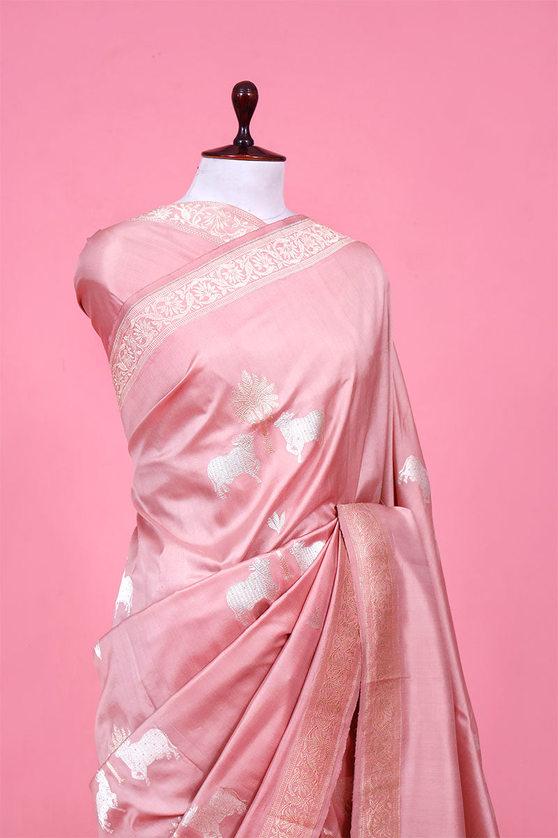 Blush Pink Satin Saree with Gold & Silver Zari Pichwai Motifs