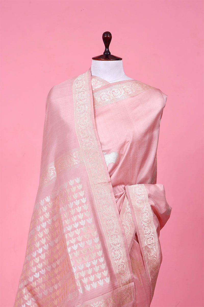 Blush Pink Satin Saree with Gold & Silver Zari Pichwai Motifs