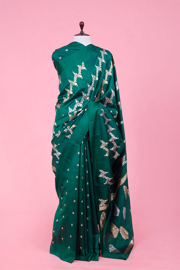 Green Banarasi Saree, Green Handloom Banarasi Saree, Gold Zari Handloom Banarasi Saree 