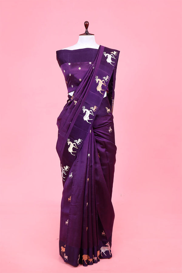 Banarasi Silk Saree, Banarasi saree, purple deer motif handloom banarasi saree