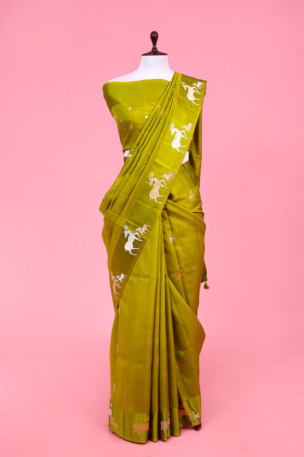 Banarasi Silk Saree, Banarasi saree, green deer motif handloom banarasi saree