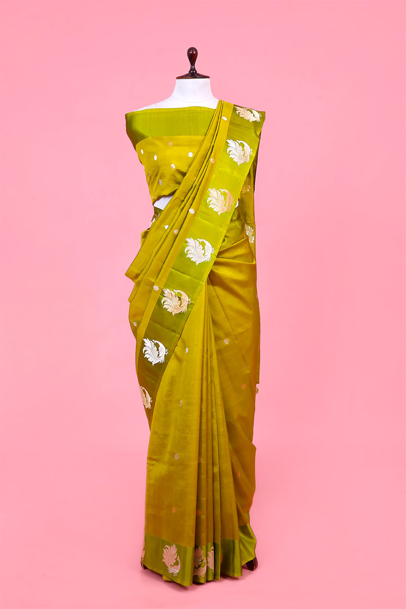 Banarasi Silk Saree, Banarasi saree, green peacock motif handloom banarasi saree