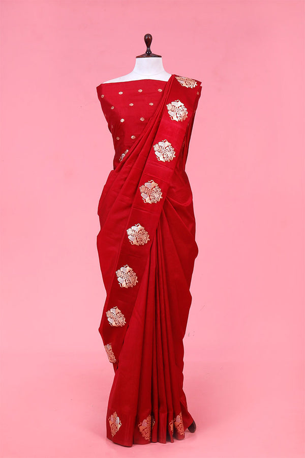 Banarasi Silk Saree, Banarasi saree, silk saree, red saree, diwali wear saree, navaratri wear saree, handloom saree, shikargah motif saree, kadhwa woven saree