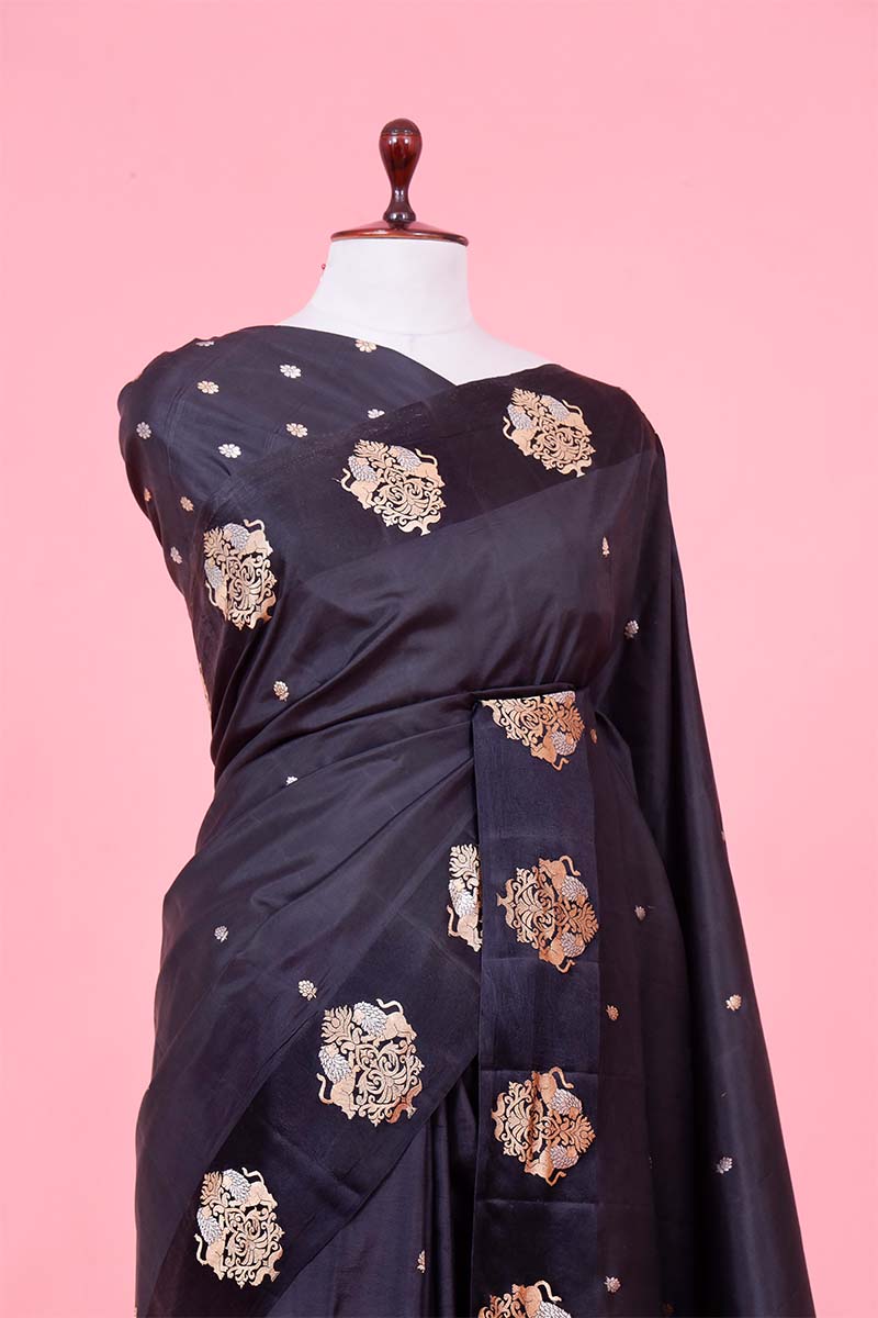 Black Handloom Banarasi Saree with Sona-Rupa Shikargah Motifs