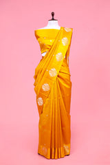 Banarasi Silk Saree, Banarasi saree, yellow shikargah banarasi silk saree