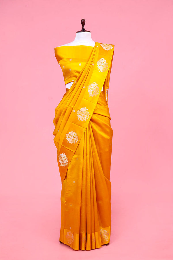 Banarasi Silk Saree, Banarasi saree, yellow shikargah banarasi silk saree