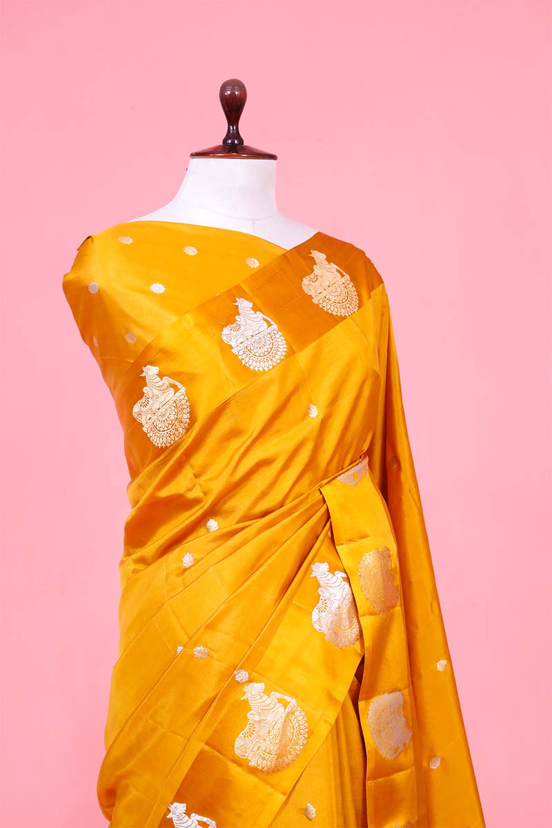 Yellow Handloom Banarasi Silk Saree with Nandi Motifs