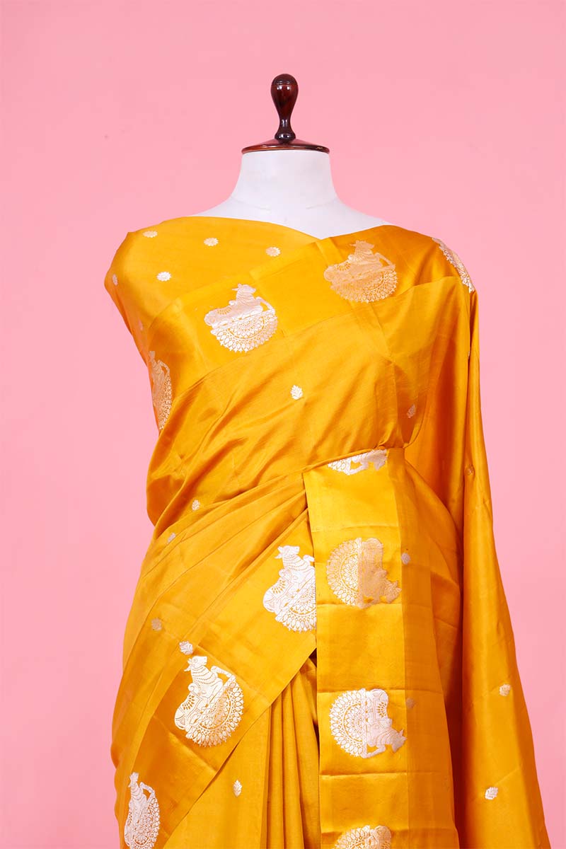 Yellow Handloom Banarasi Silk Saree with Nandi Motifs