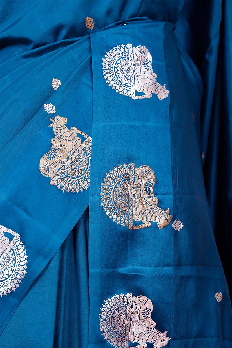 Teal Blue Handloom Banarasi Silk Saree with Nandi Motifs