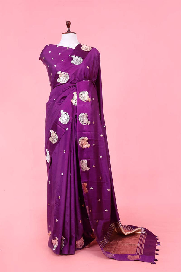 Banarasi Silk Saree, Banarasi saree, silk saree, purple saree, nandi motifs, wedding saree, party wear saree​ handloom saree