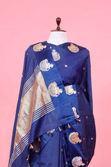 Navy Blue Handloom Banarasi Saree with Nandi Motifs