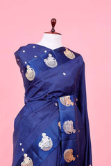 Navy Blue Handloom Banarasi Saree with Nandi Motifs